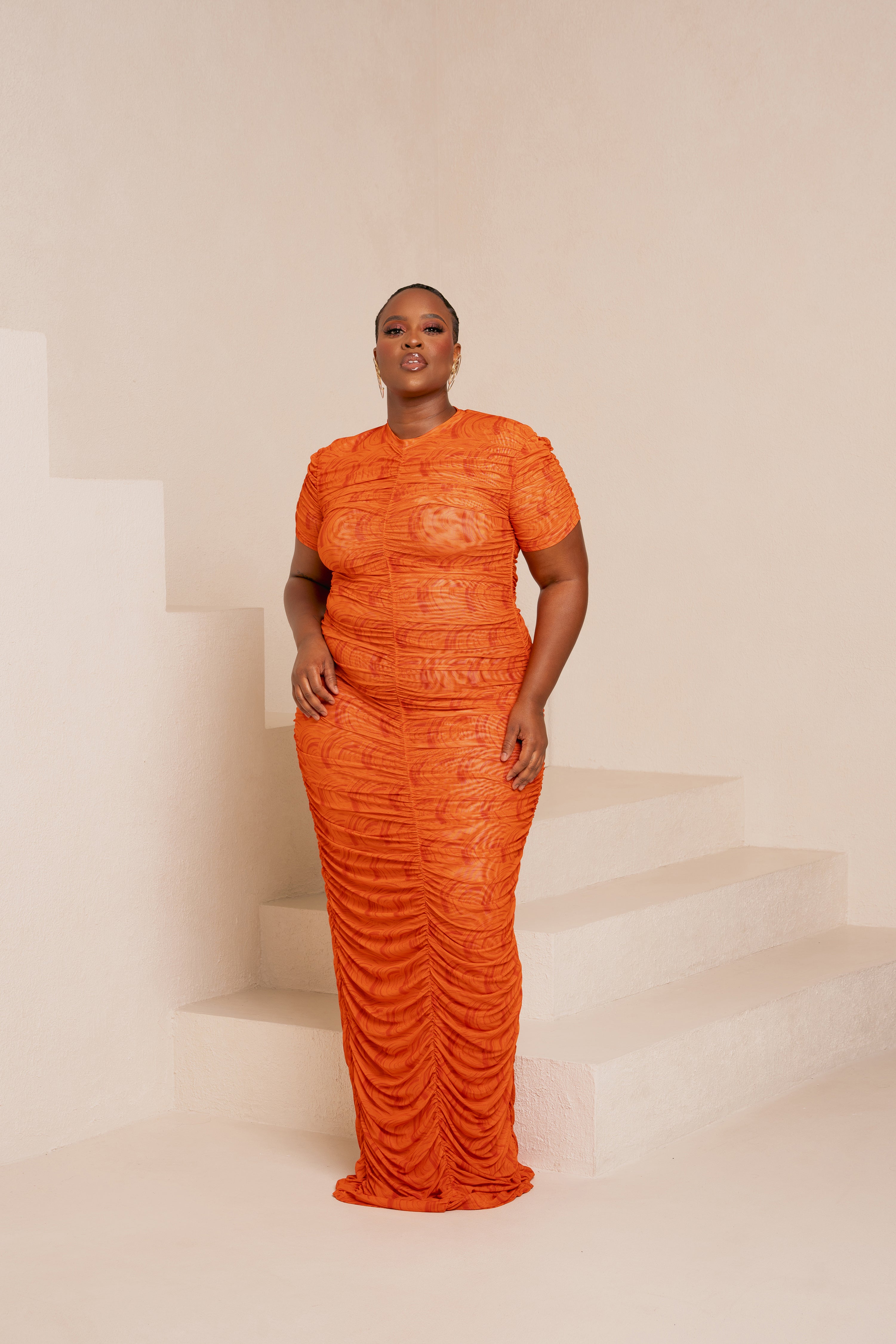 IZA ORANGE RUCHED MAXI MESH DRESS