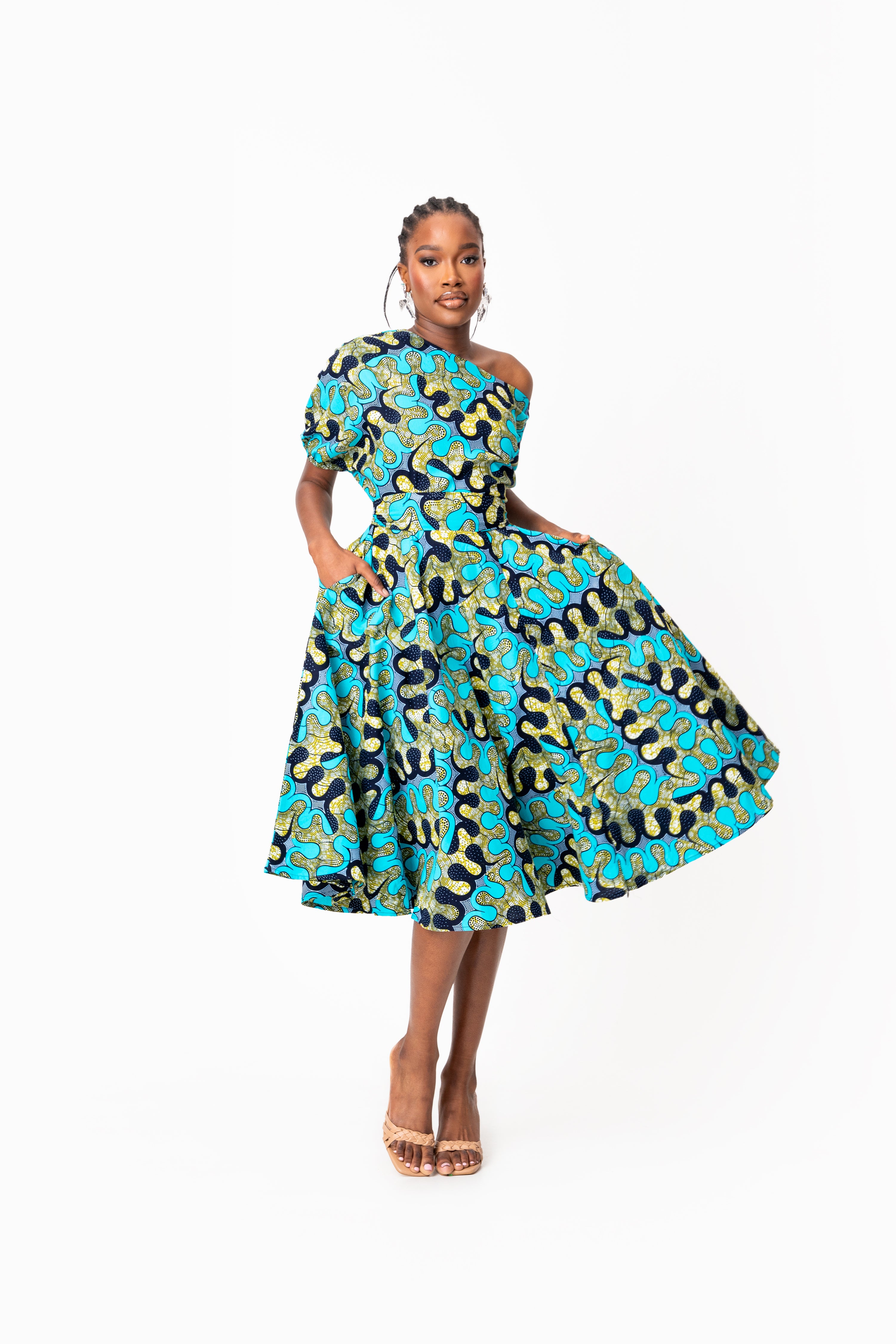 BADE African Print One-shoulder Midi Dress