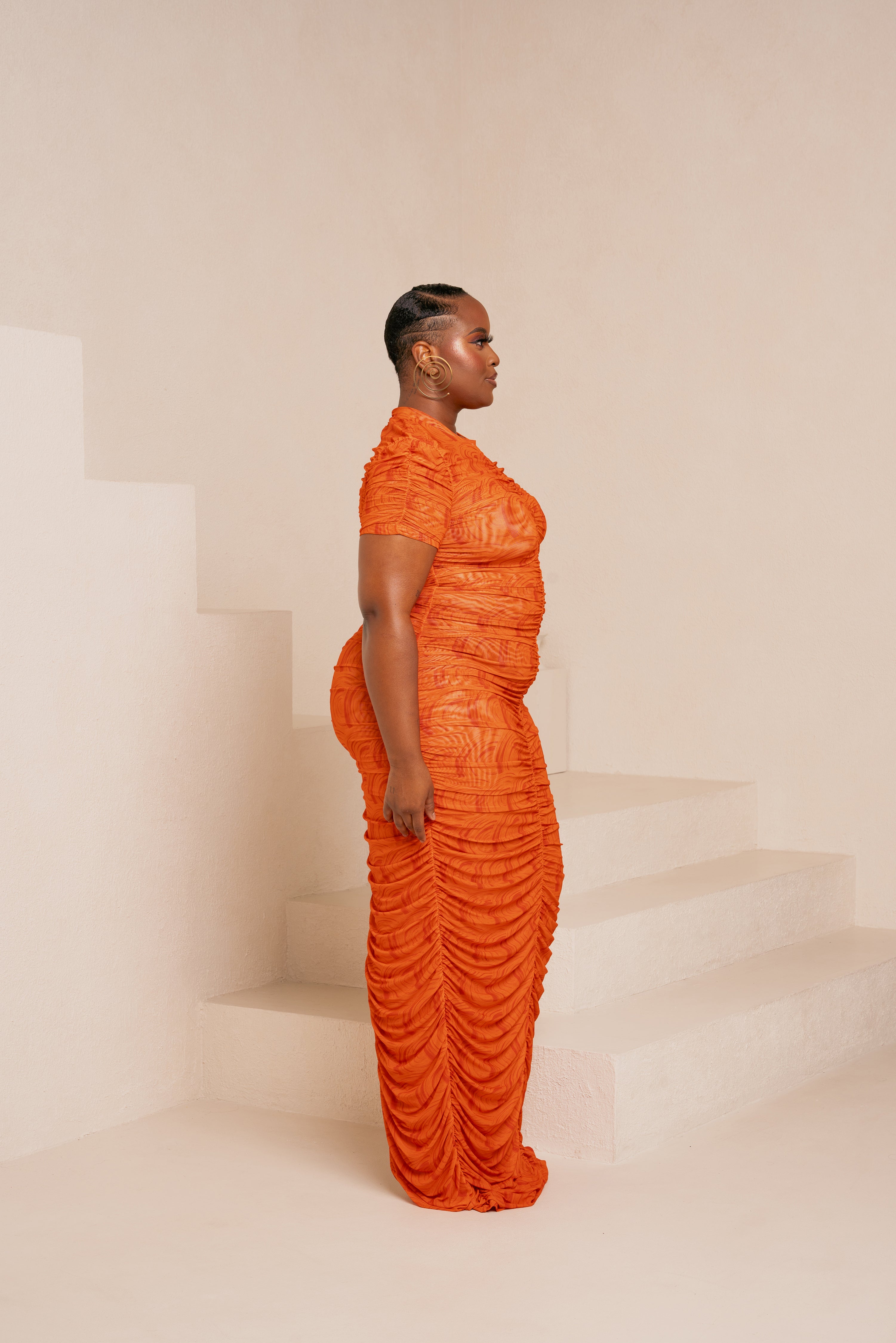 IZA ORANGE RUCHED MAXI MESH DRESS