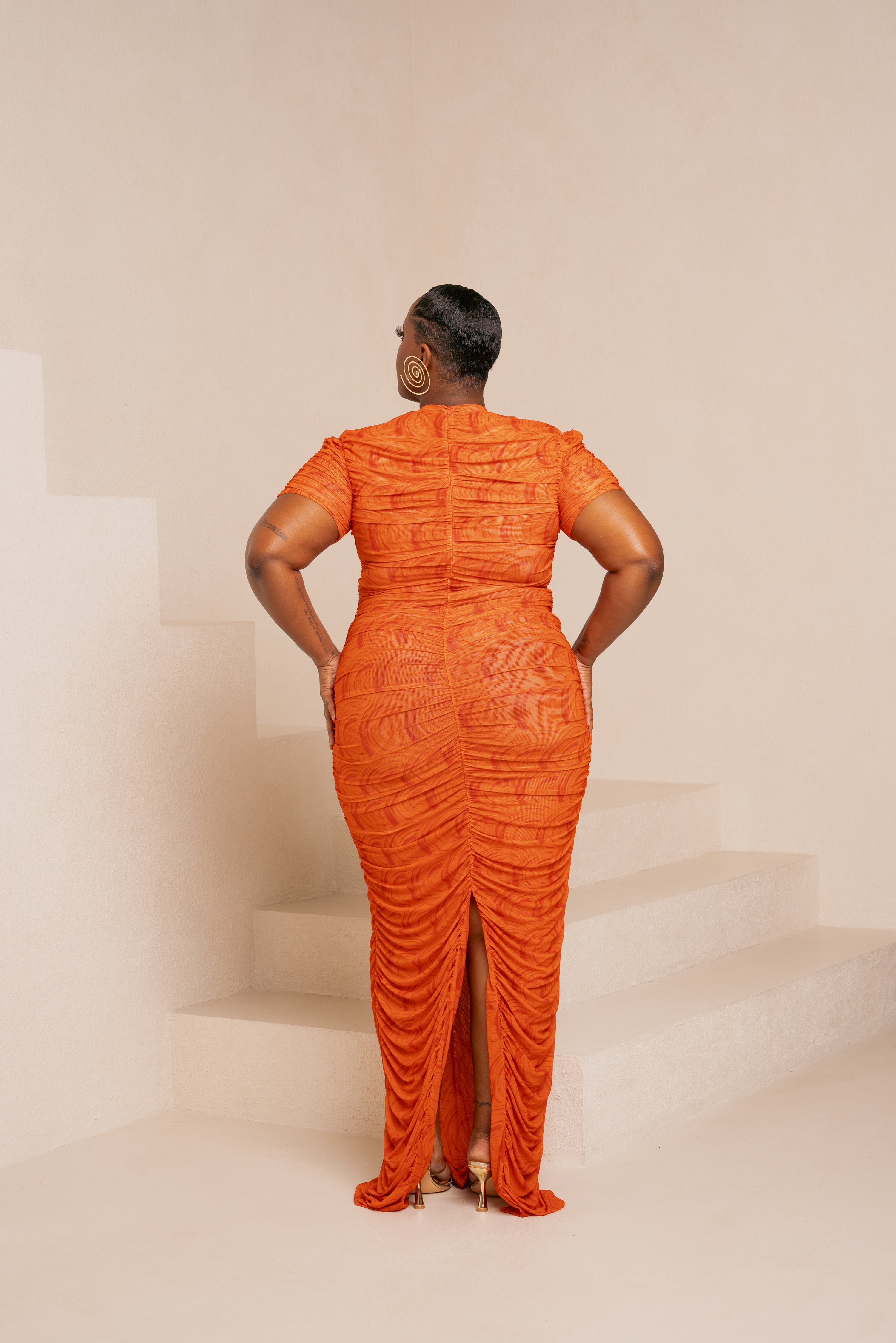 IZA ORANGE RUCHED MAXI MESH DRESS