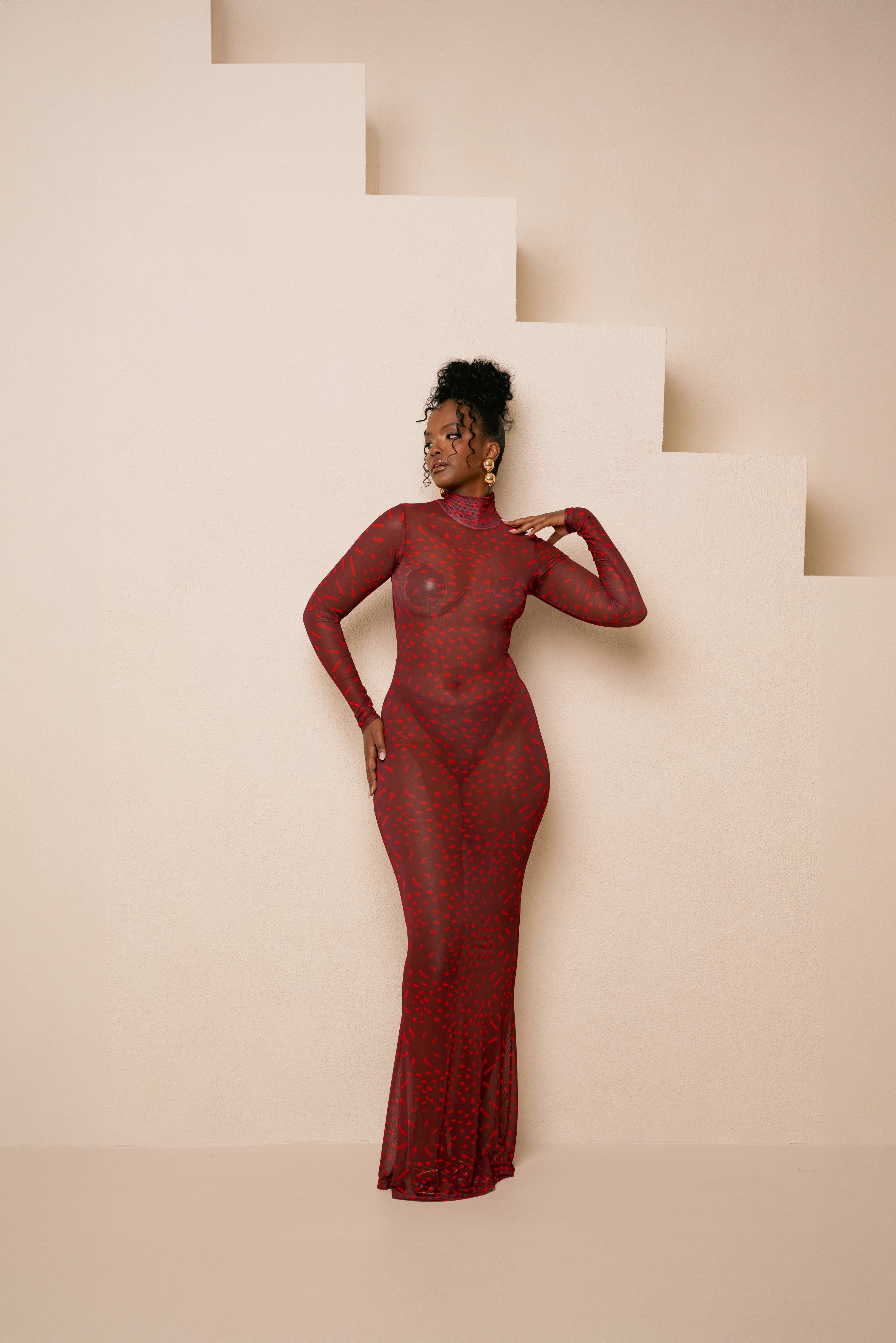 AMINAH RED LONG SLEEVE MAXI MESH DRESS