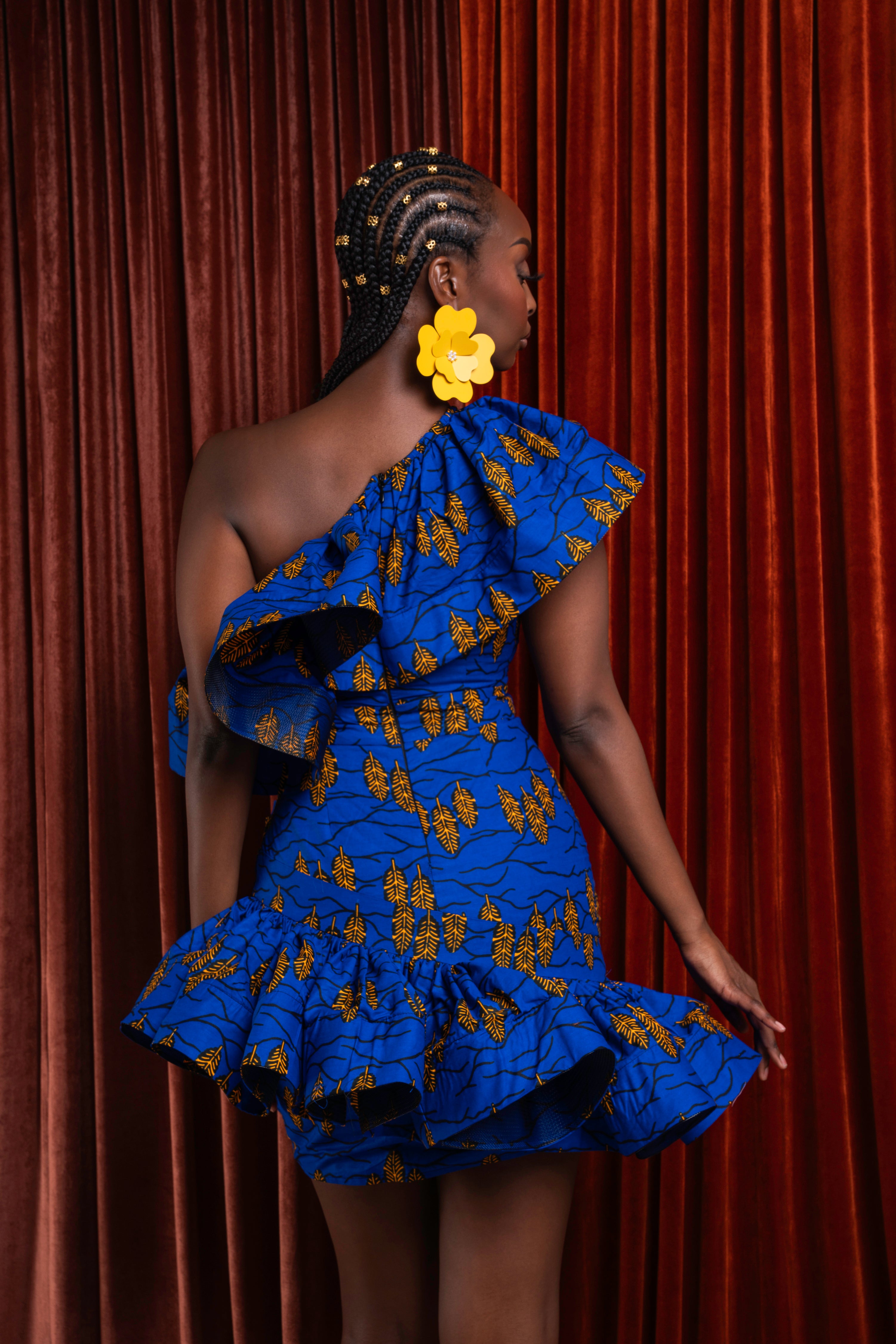 YOMI African Print One Sleeve Ruffle  Mini Dress