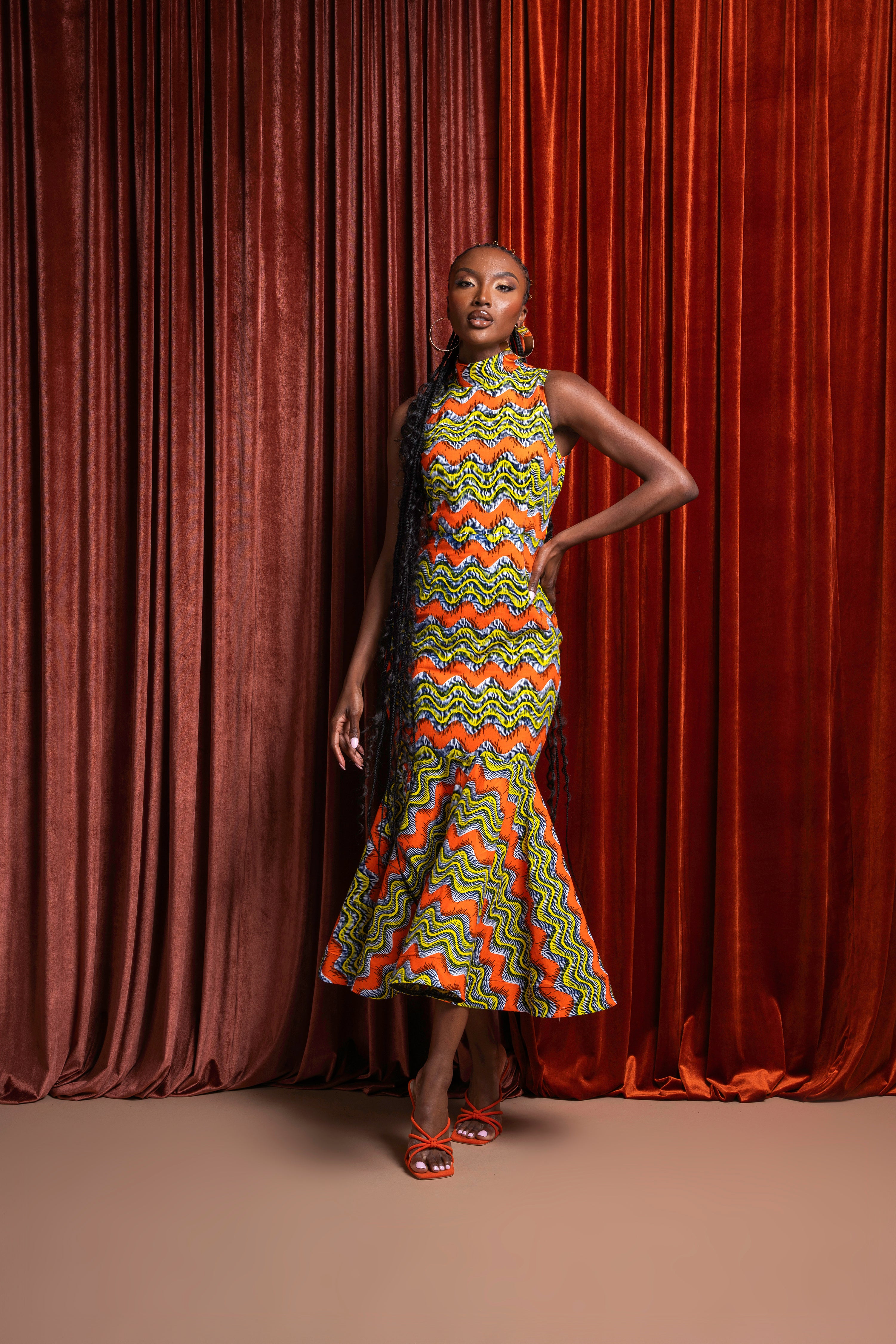 TANI African Print Maxi Mock Neck Peplum Dress