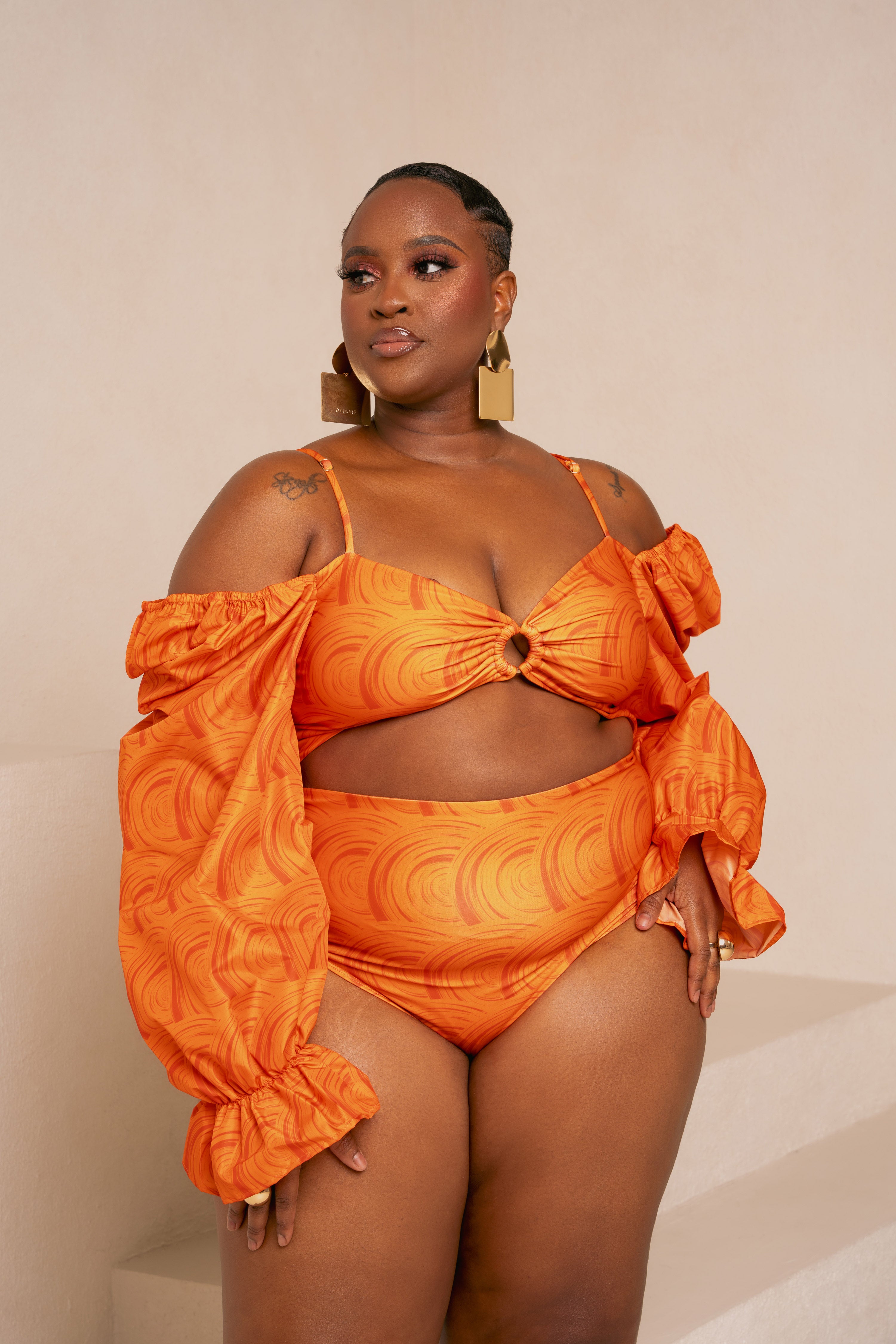 IZA ORANGE OFF SHOULDER PUFFY SLEEVE SWIMSUIT