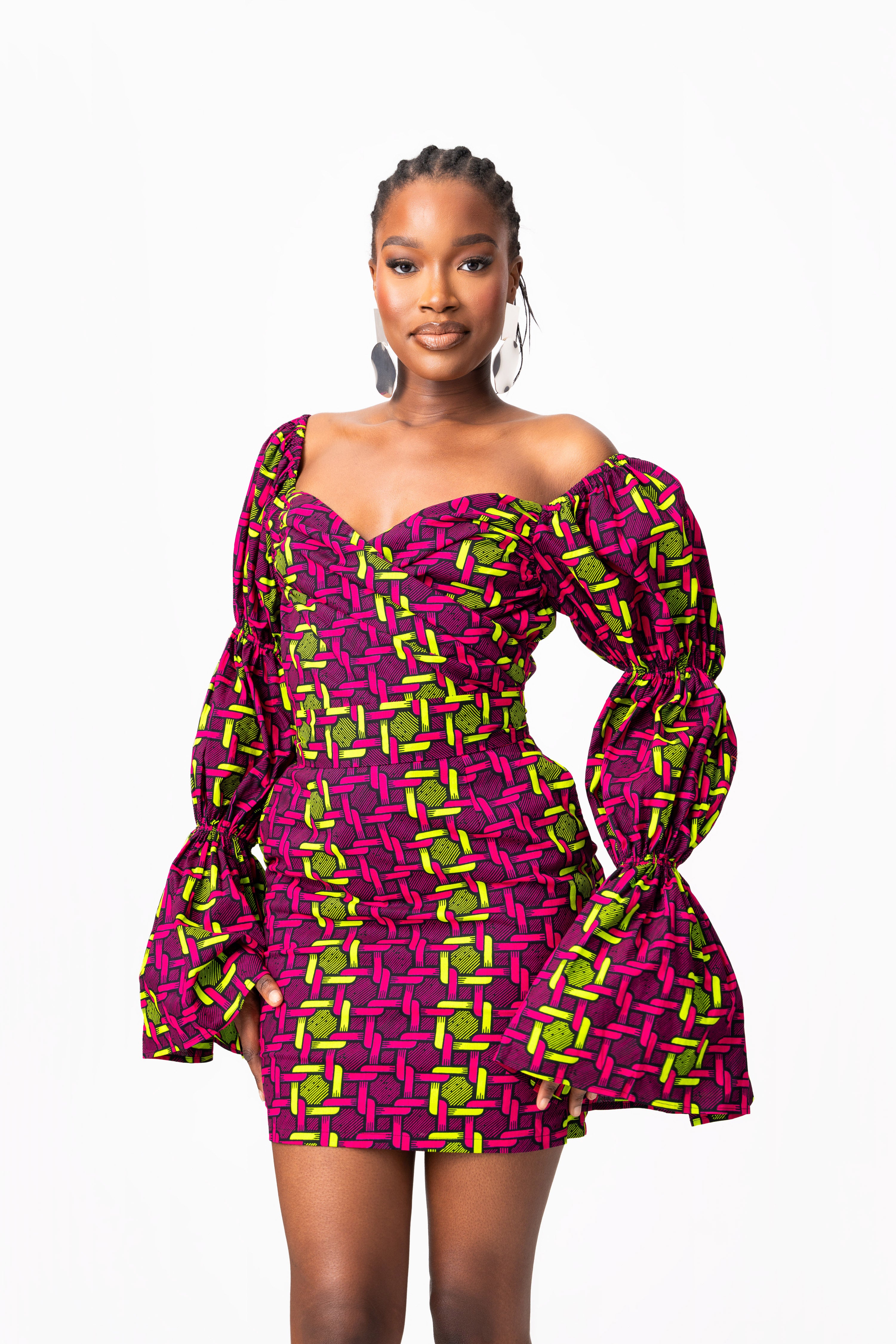 WUNMI African Print Off-shoulder Puffy Sleeve Mini Dress