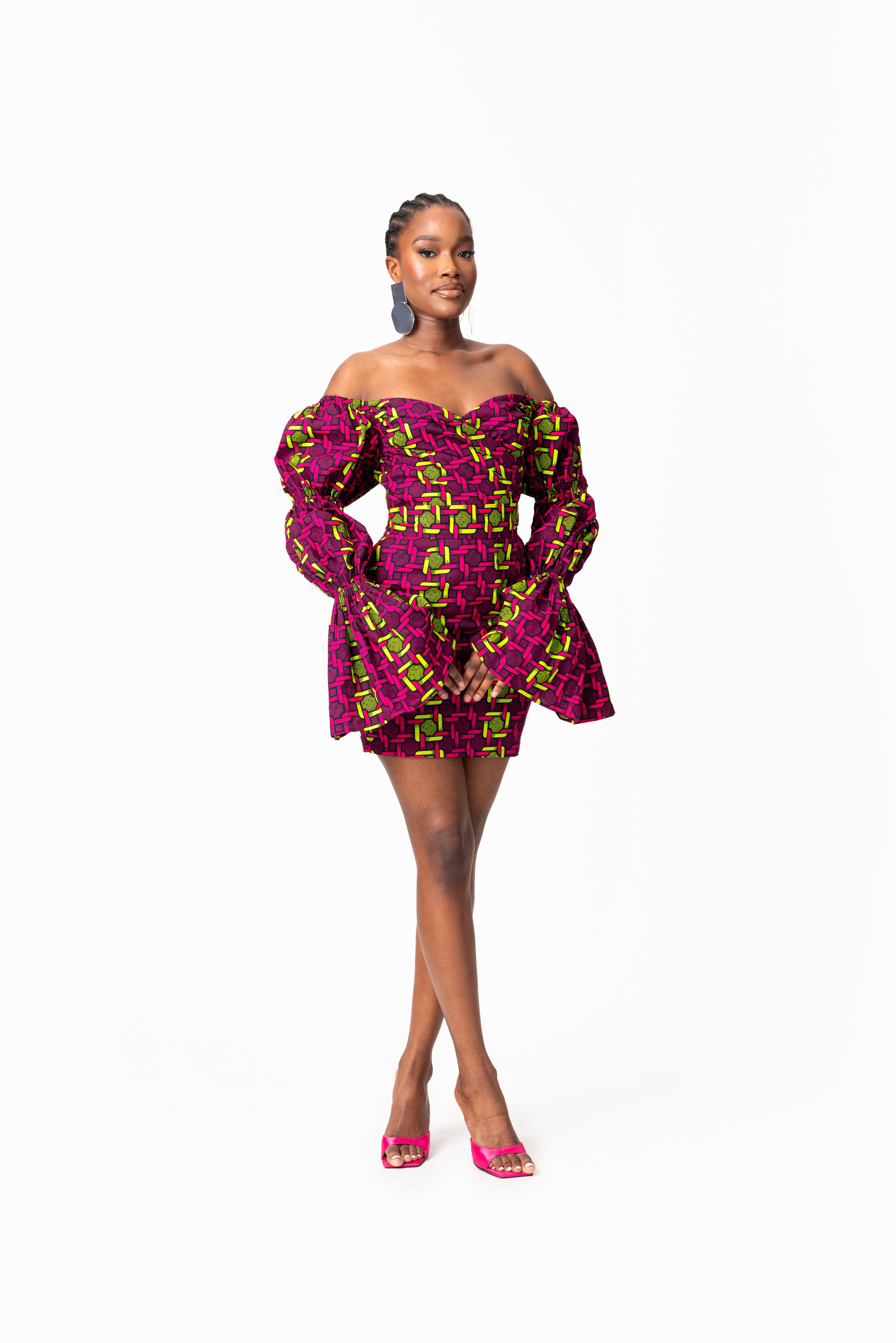 WUNMI African Print Off-shoulder Puffy Sleeve Mini Dress