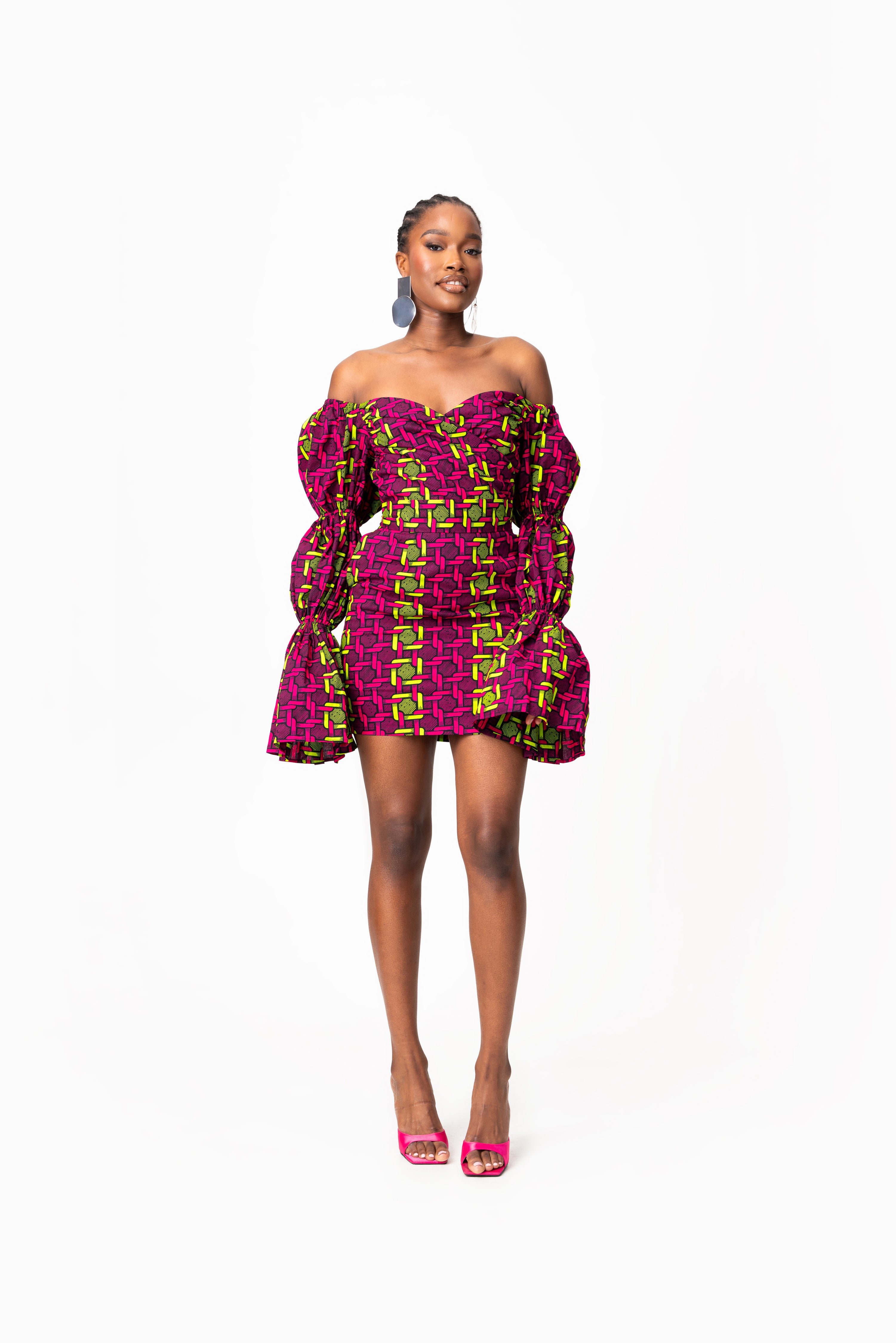 WUNMI African Print Off-shoulder Puffy Sleeve Mini Dress