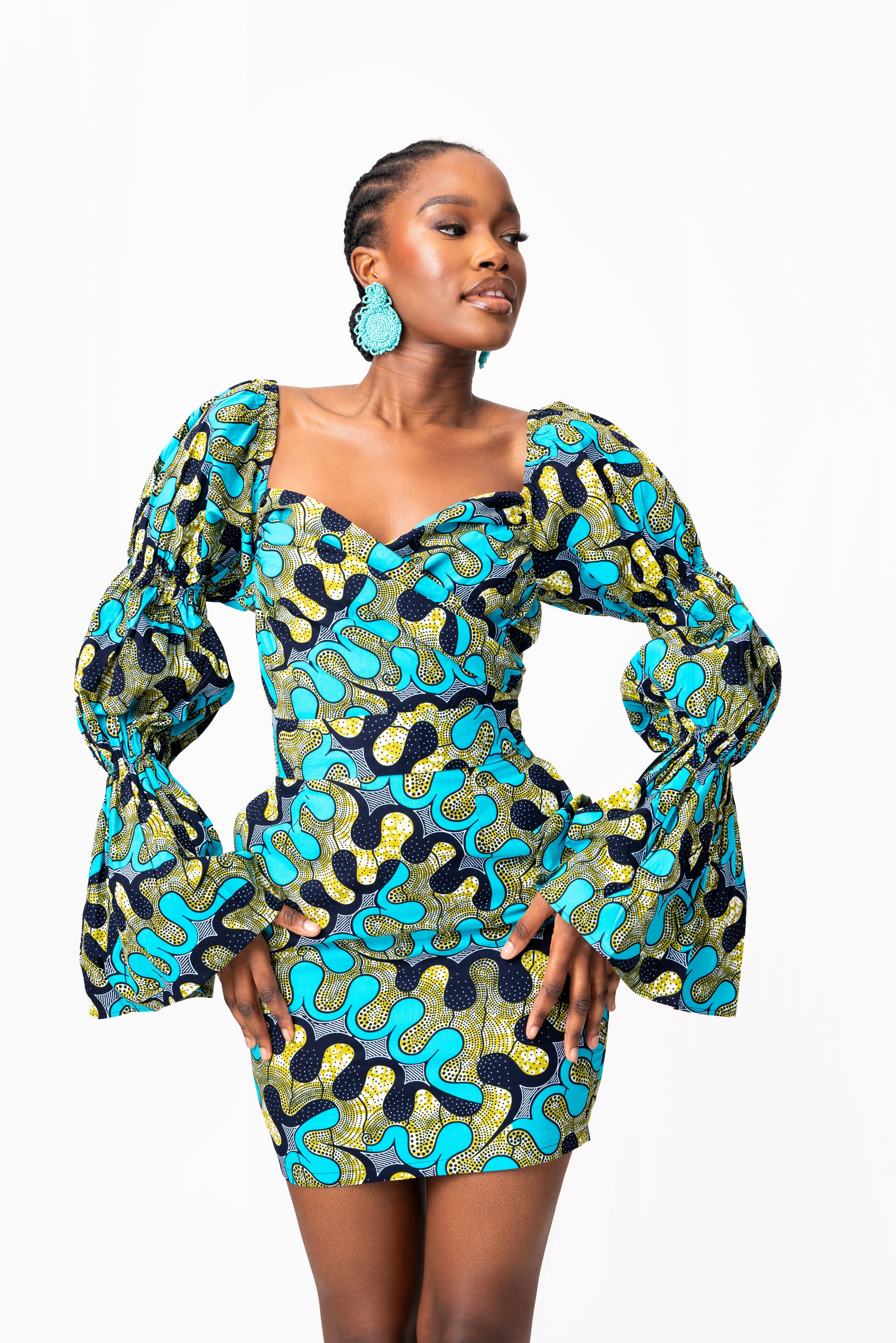 BADE African Print Off-shoulder Puffy Sleeve Mini Dress