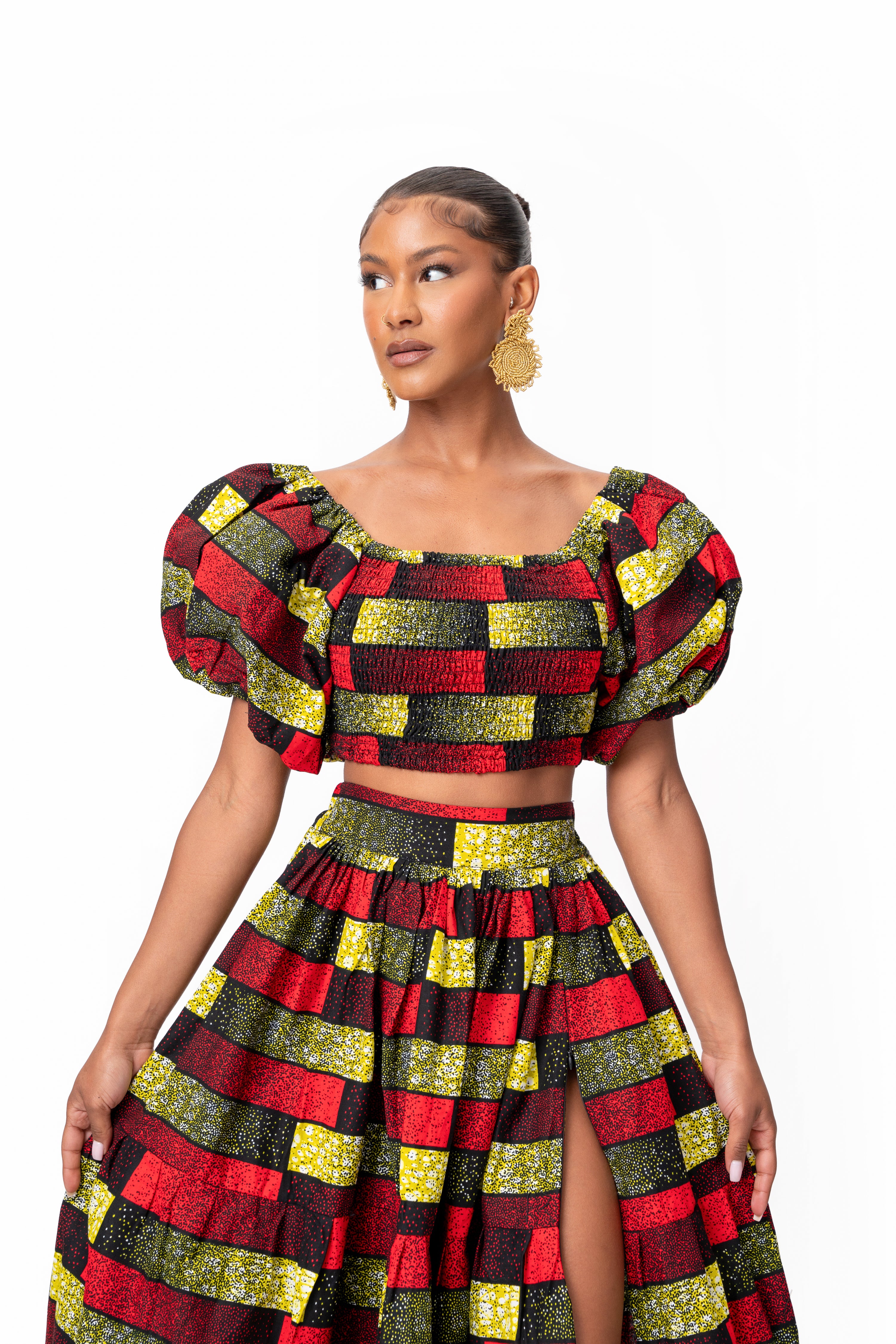 NAYA Smocked Puffy Sleeve African Print Crop Top