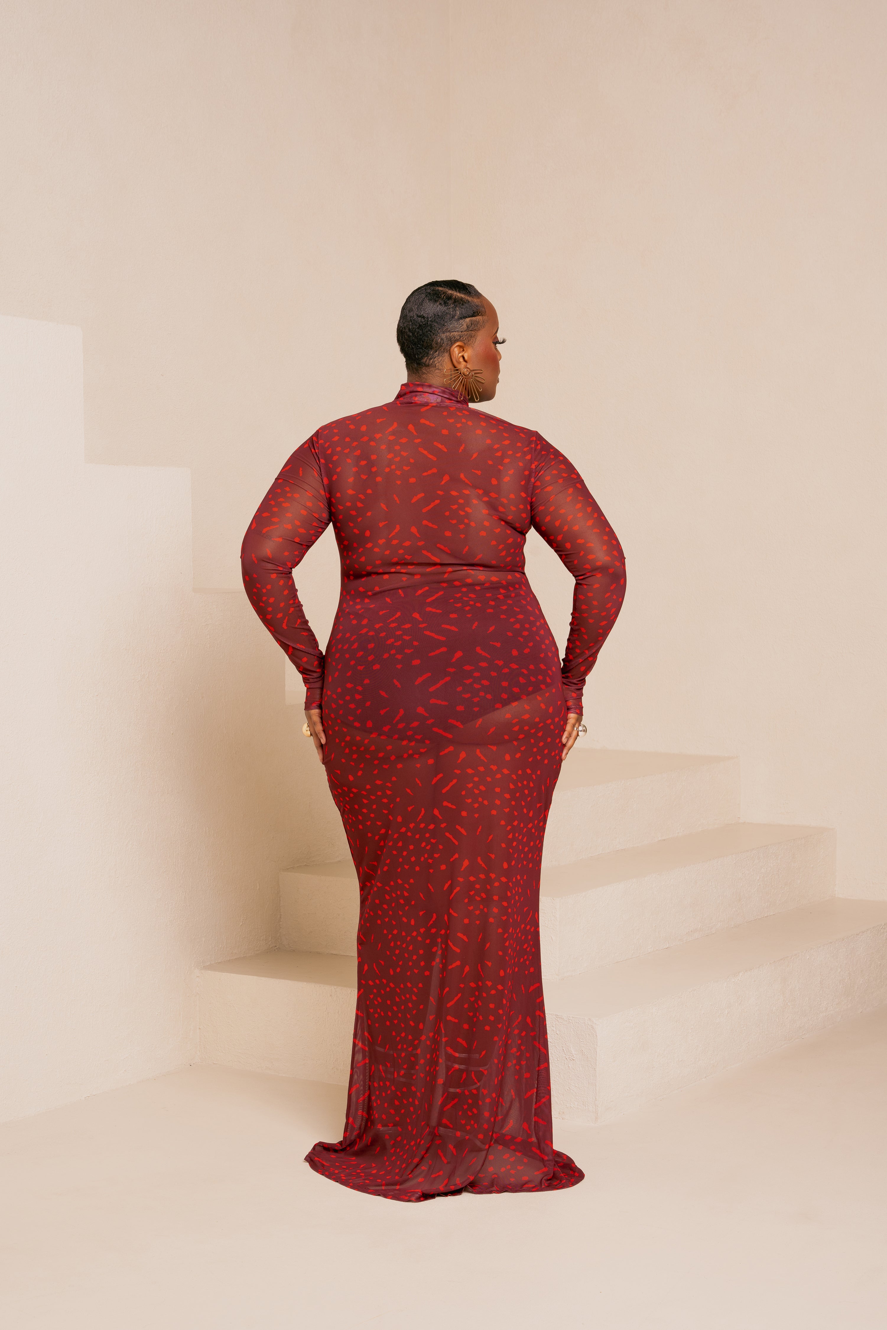 AMINAH RED LONG SLEEVE MAXI MESH DRESS