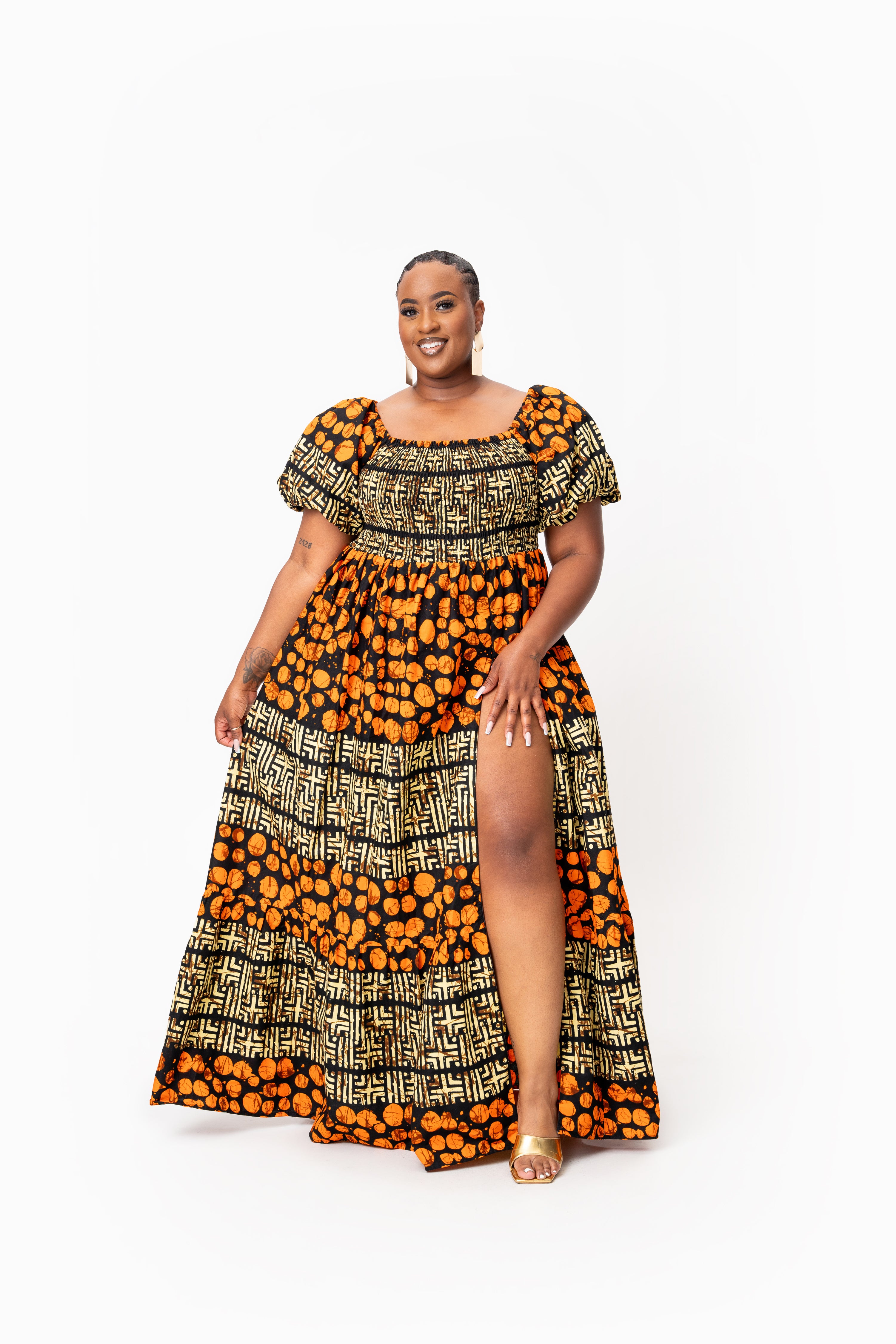 HANI Smocked Puffy Sleeve African print maxi dress