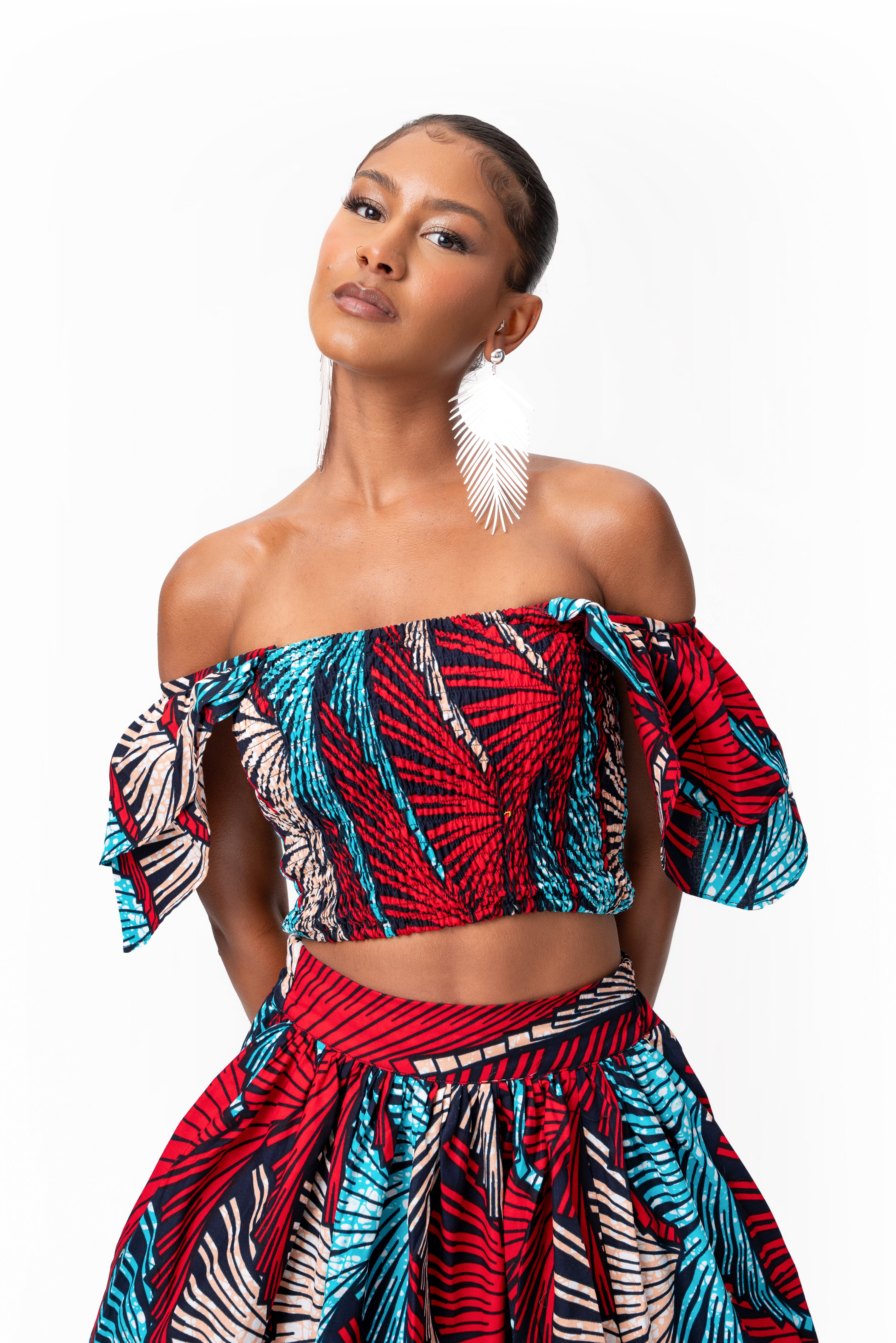 ONA African Print Ruffle Sleeve Crop Top