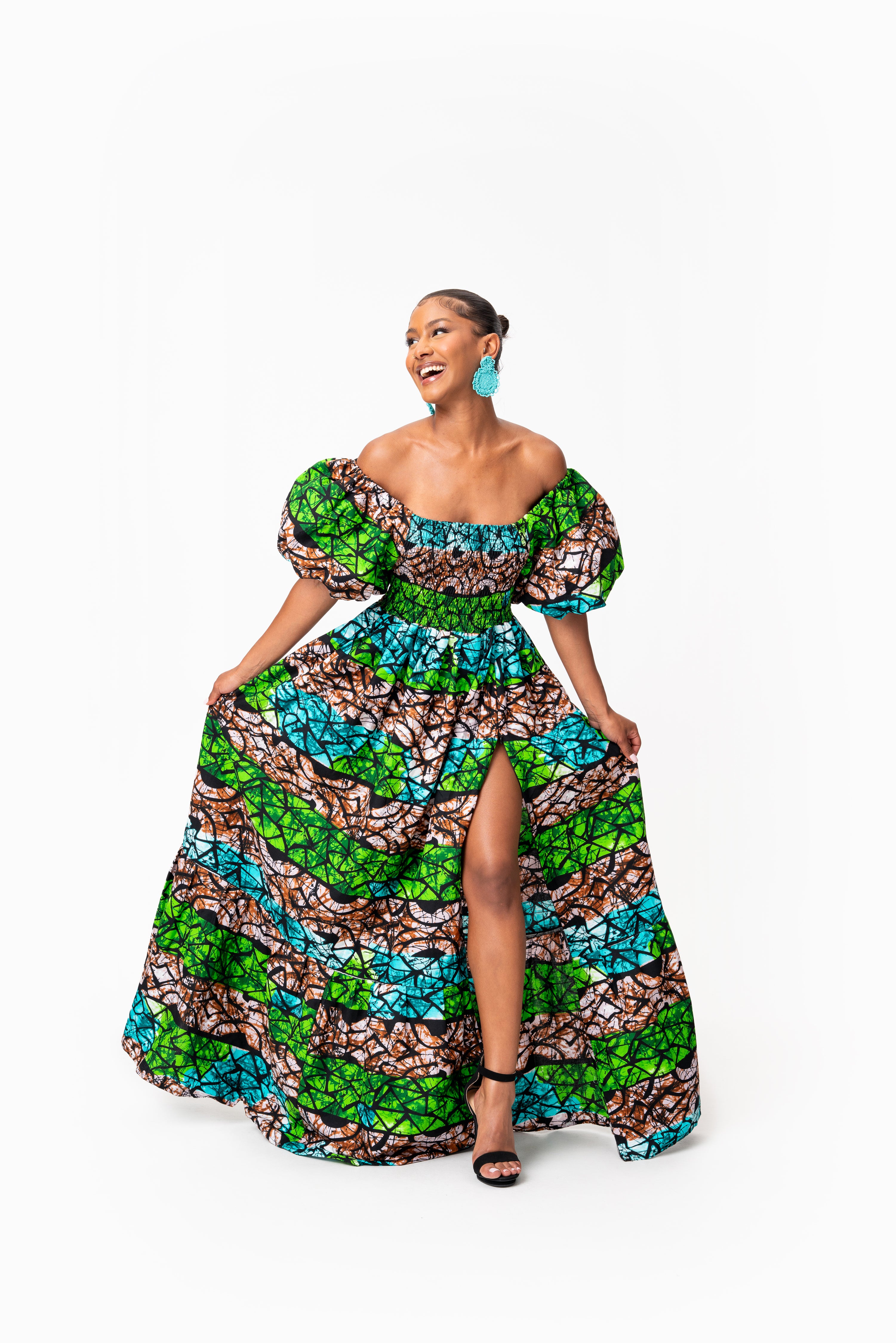 ADA Smocked Puffy Sleeve African print maxi dress