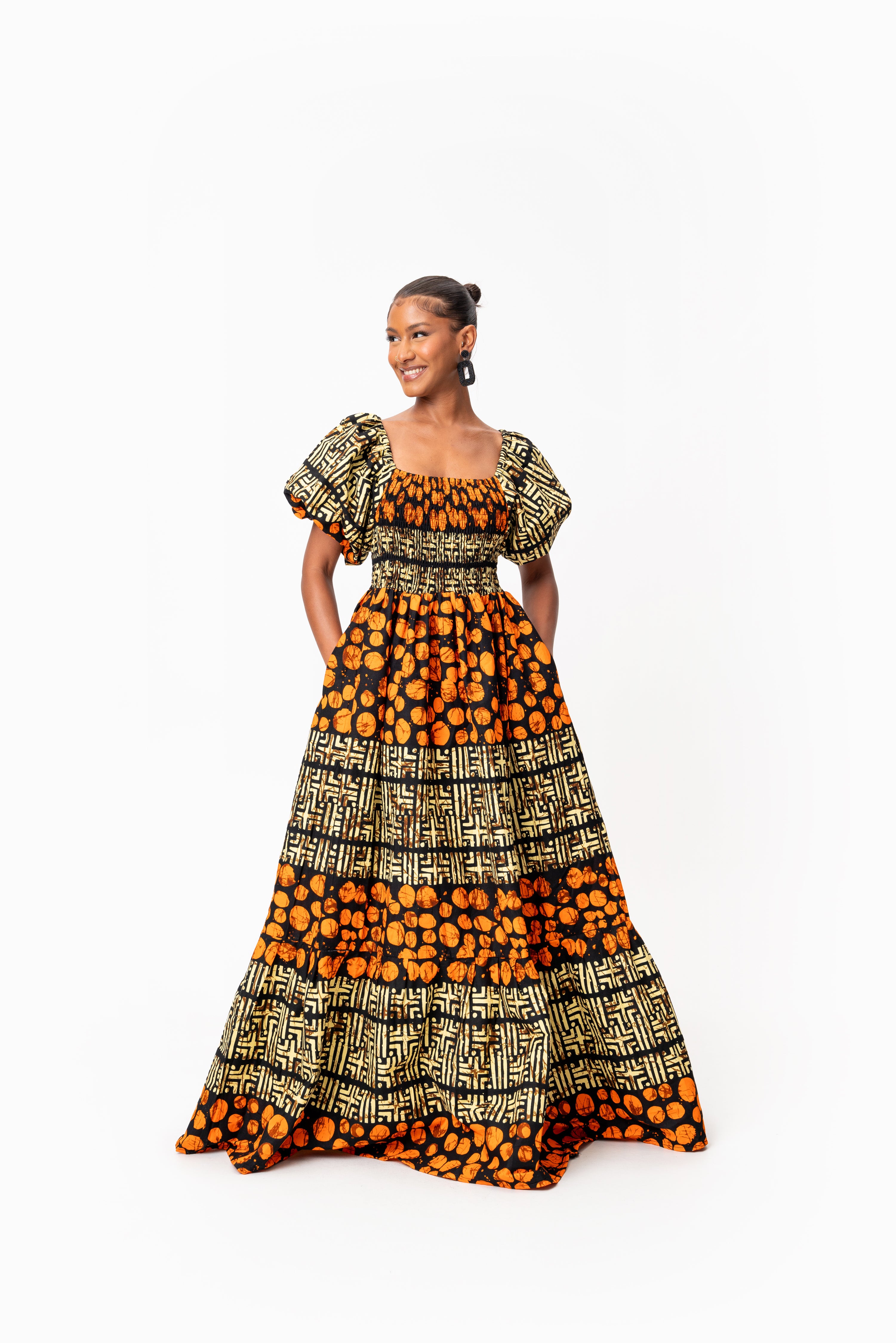 HANI Smocked Puffy Sleeve African print maxi dress