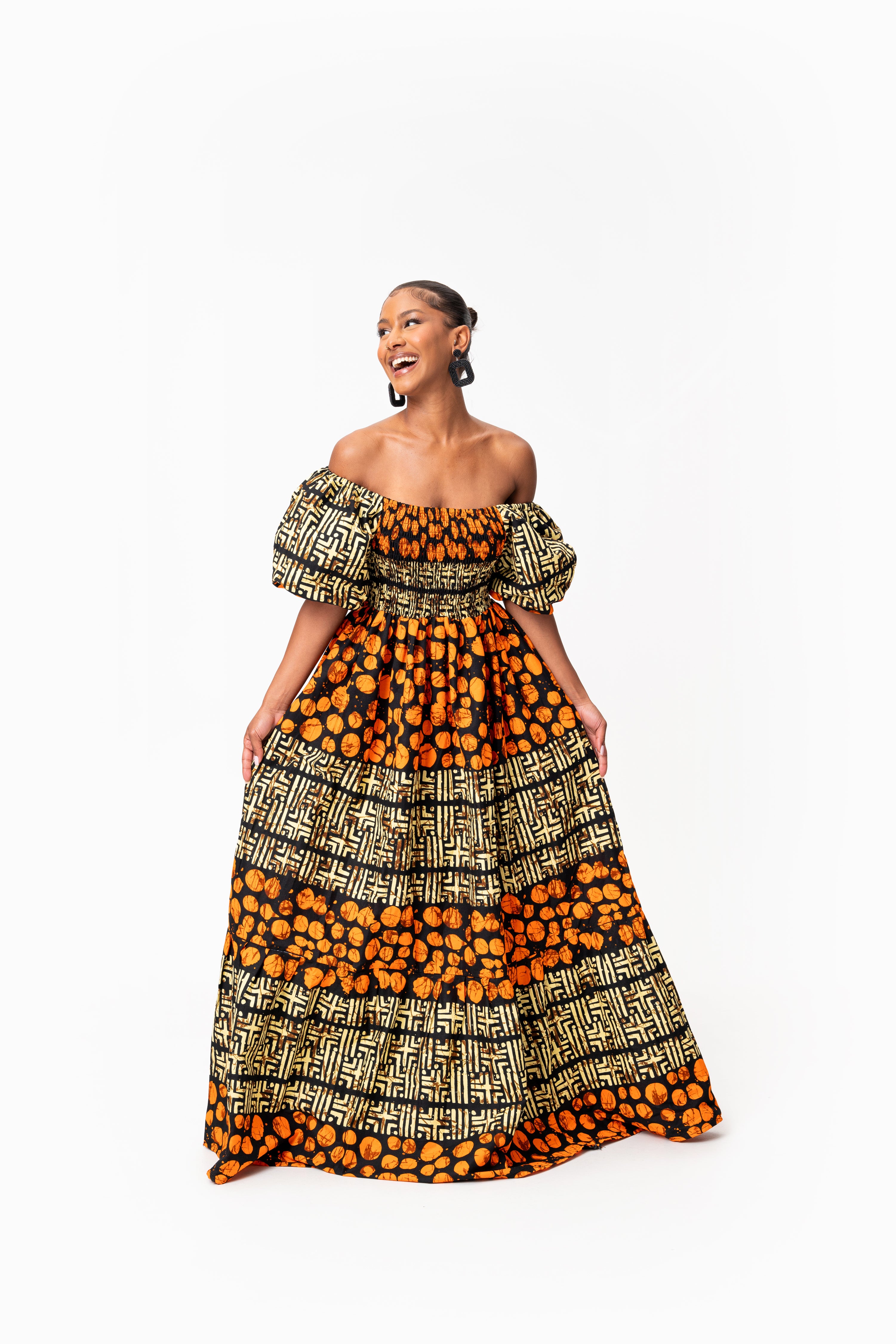 HANI Smocked Puffy Sleeve African print maxi dress